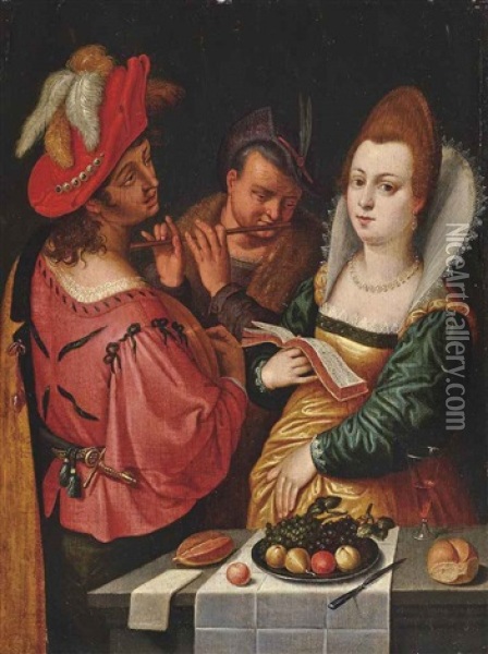 Elegant Company Music Making, A Lady With A Music Book In Her Right Hand, A Gentleman Playing The Lute And Another Playing A Transverse Flute Oil Painting - Cornelis Cornelisz Van Haarlem