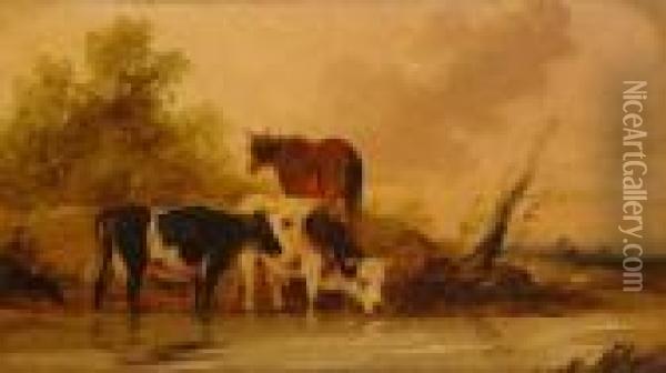 Attributed Cows And Horse Near The Watering Place Oil Painting - Constant Troyon