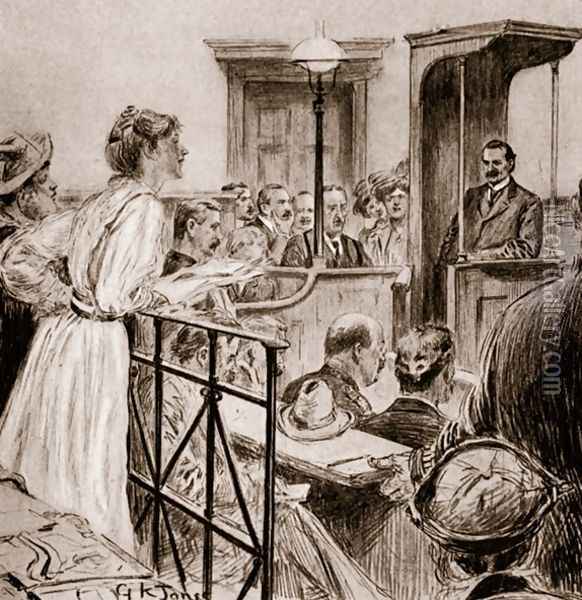 Miss Christabel Pankhurst questioning Mr Herbert Gladstone Oil Painting - George Kingston Jones