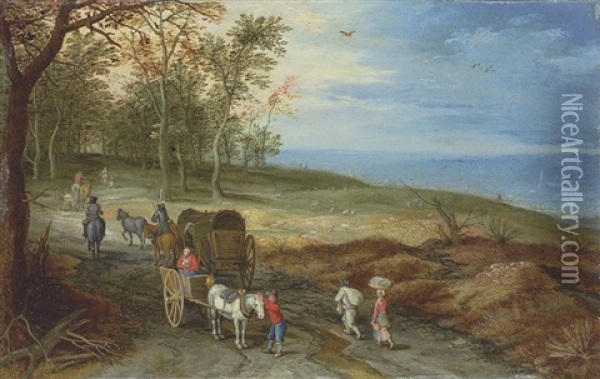 A Wooded Landscape With Peasants And Horse Carriages On A Path Oil Painting - Jan Brueghel the Elder