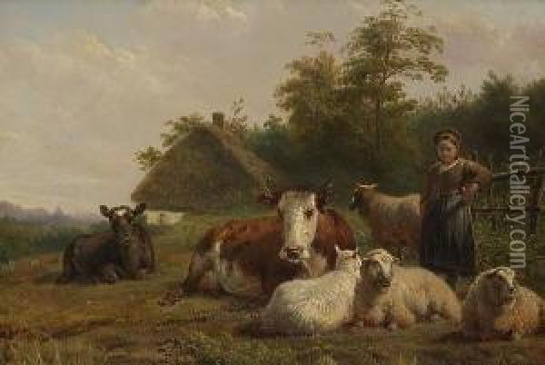 Hirtenmadchen Mit Vieh Am
 Weidezaun. Oil Painting - Edmond Jean Baptiste Tschaggeny