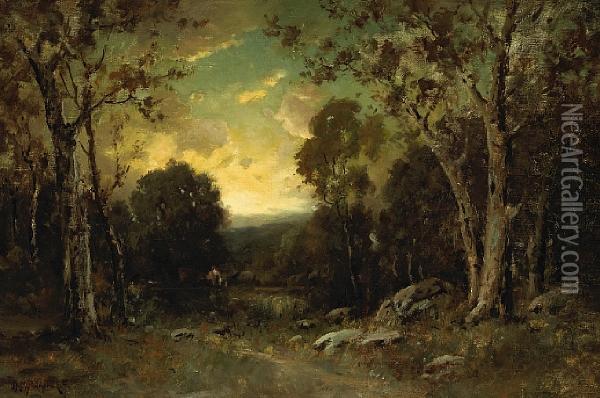 Sunset Over A Forest Clearing Oil Painting - Alexis Matthew Podchernikoff