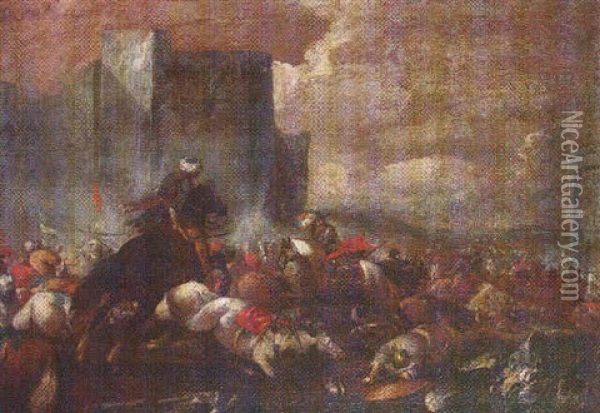 A Cavalry Battle Before The Walls Of A Fortress Oil Painting - Jacques Courtois