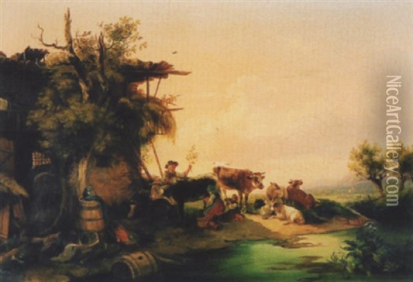Flusslandschaft Mit Bauernfamilie Und Kuhen Oil Painting - Edmund Mahlknecht