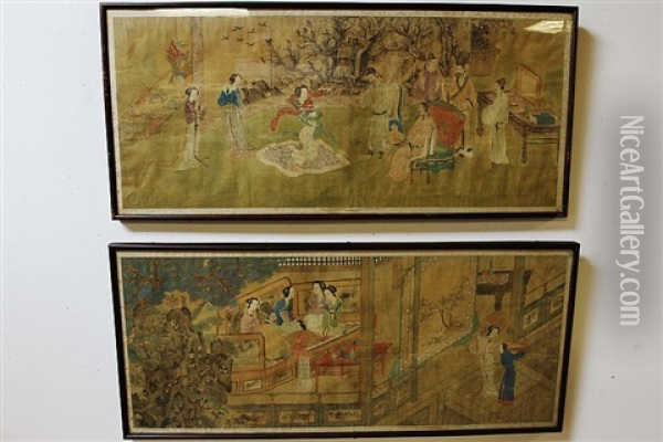 17th Century 2 Pieces Of Chinese Scroll Painting With 