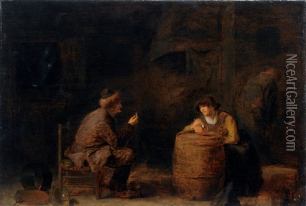 Ein Mann Bietet Einer Rauchenden Frau Eine Munze An Oil Painting - Pieter Harmensz. Verelst