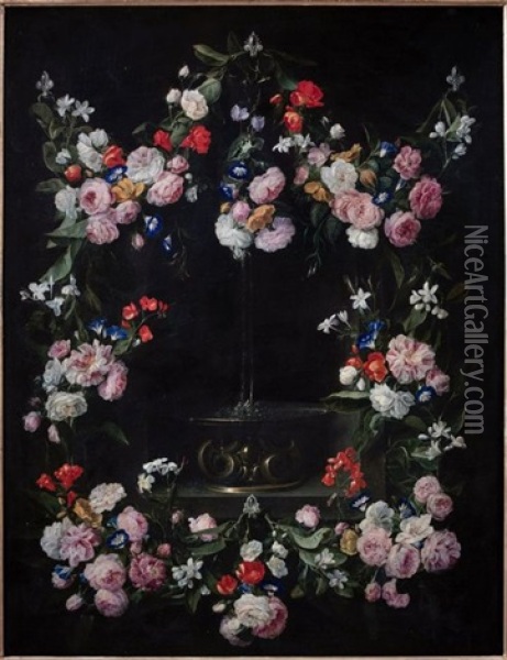 Guirlande De Fleurs Entourant Une Fontaine Oil Painting - Jan van den Hecke the Elder