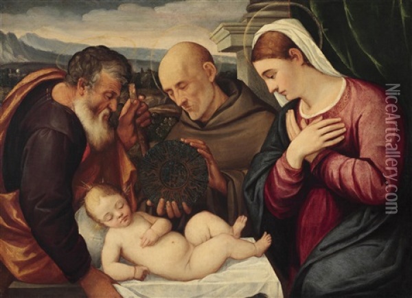 Maria, Josef Und Der Heilige Bernhard Von Siena In Anbetung Des Kindes Oil Painting - Bonifazio de Pitati
