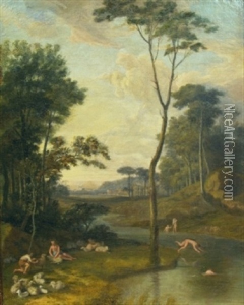 Shepherds And Bathers In An Arcadian Landscape Oil Painting - Claude Lorrain
