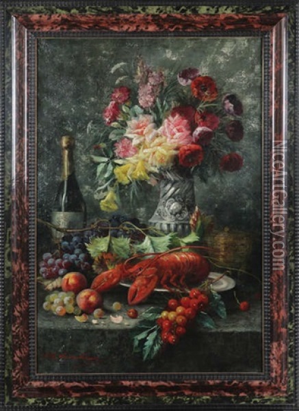 Nature Morte Avec Homard, Fruits, Bouteille De Vin Et Fleurs Sur Un Entablement Oil Painting - Max Carlier
