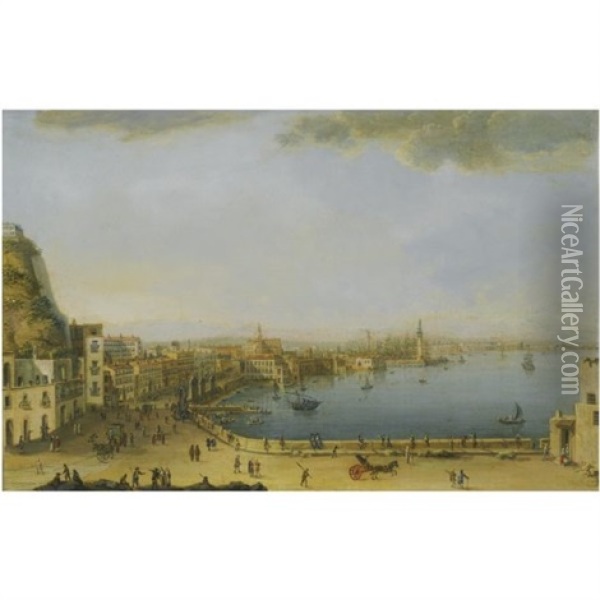 Naples, A View Of The Strada Di Santa Lucia From Pizzofalcone To The Ponte Della Maddalena Oil Painting - Pietro Antoniani