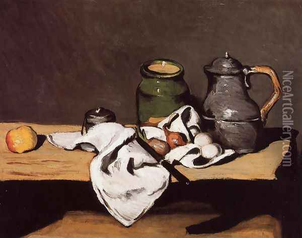 Still Life with Green Pot and Pewter Jug Oil Painting - Paul Cezanne