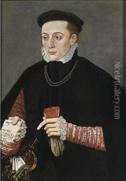A Portrait Of A Young Nobleman From The White Family, Standing Half-length, Wearing A Red Coat With A White Shirt Under A Black Coat, Holding Gloves Oil Painting - Hans Eworth
