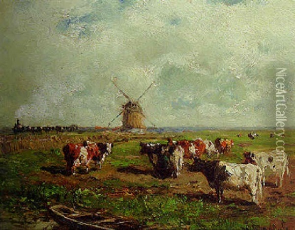 Cows In A Polder Landscape, A Train In The Distance Oil Painting - Willem Roelofs