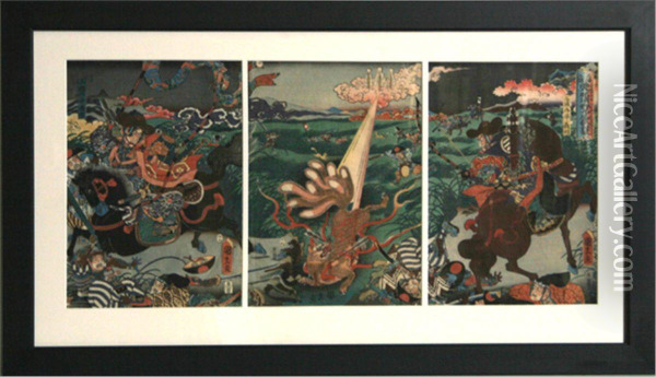 Hunting The Tailed Fox Triptych Oil Painting - Utagawa Kunihisa