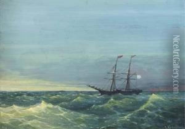 A Russian Merchant Brig In Rough Seas Oil Painting - Grigorij Kapustin