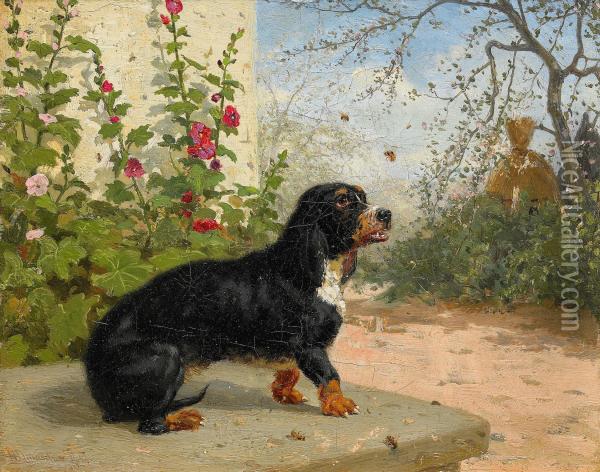 Tradgardsbild Med Hund Och Bin Oil Painting - Gustaf Brandelius