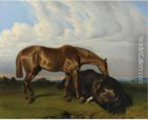 Two Horses In A Landscape Oil Painting - Alfred De Dreux