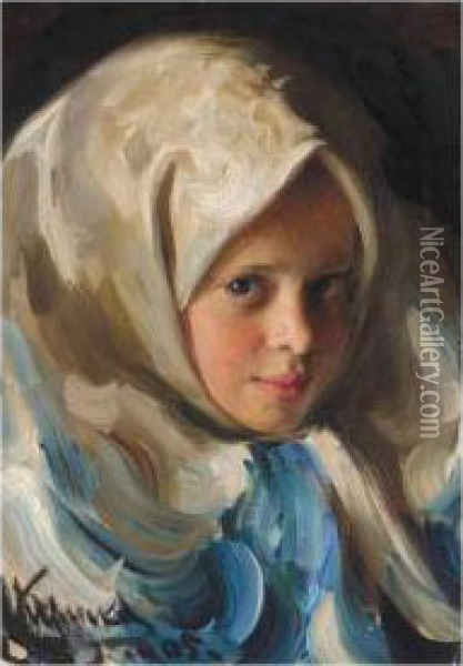 Young Girl In Blue Headscarf Oil Painting - Ivan Semionovich Kulikov