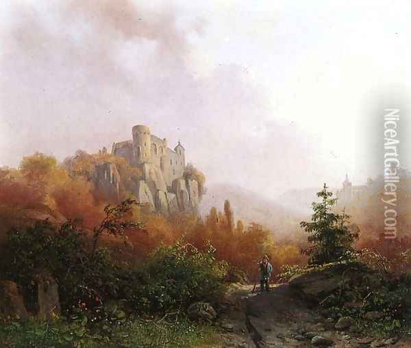 Summer A Peasant on a Rocky Path a Ruin in the Background Oil Painting - Alexander Joseph Daiwaille