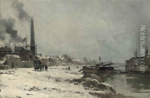Figures By A Factory On A River, Winter Oil Painting - Pierre Louis Leger Vauthier