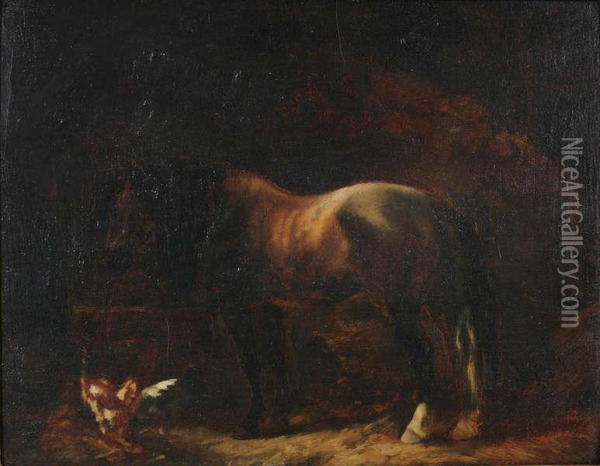 Paard En Kip In De Stal Oil Painting - Gustaaf Colsoulle