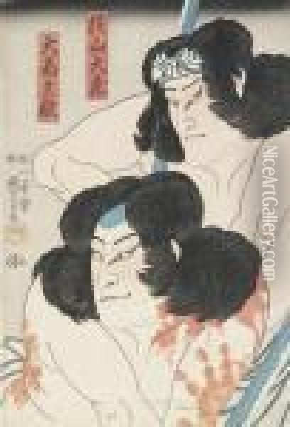 Three Prints Depicting Actors From The Play Takagi Oriemon Budojitsu Roku Oil Painting - Utagawa Kuniyoshi