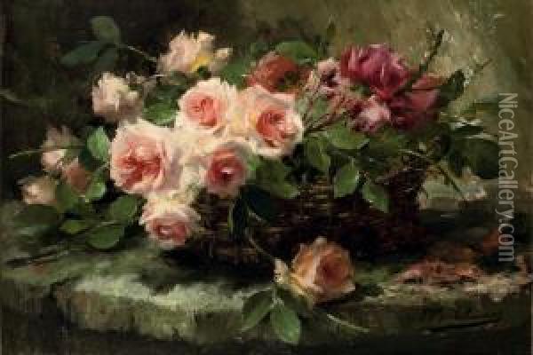 Pink Roses In A Basket Oil Painting - Frans Mortelmans