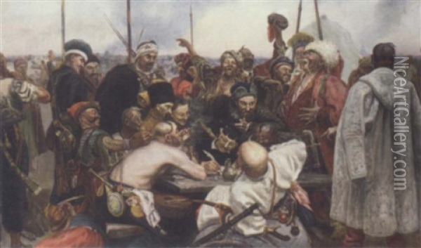 Zapoprozgii Cossacks Writing A Mocking Letter To The Turkish Sultan Oil Painting - Ilya Repin