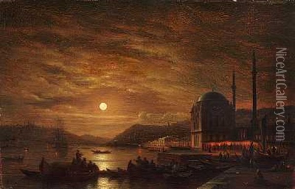 Fuldmane Over Konstantinopel. I Forgrunden Dolmabahce Moskeen Og Paladset Oil Painting - Aleksei Petrovich Bogolyubov
