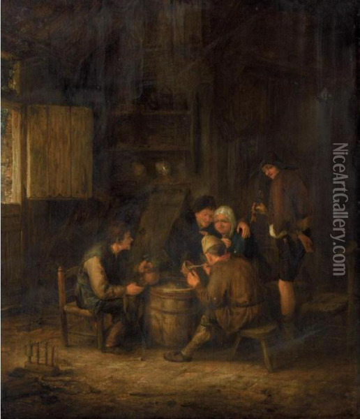 An Interior With Peasants Huddled Around A Cask, Smoking And Drinking Oil Painting - Adriaen Jansz. Van Ostade