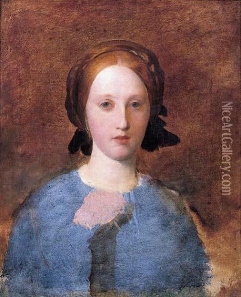 Portrait Of Mrs Prescott Decie, Bust Length, In A Blue Dress - A Sketch Oil Painting - George Frederick Watts