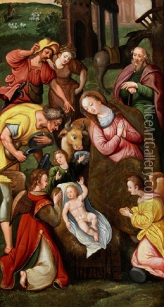 Anbetung Des Kindes In Bethlehem Oil Painting - Marten van Cleve the Elder