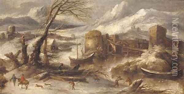 An Italianate winter landscape with fishermen by a river Oil Painting - Willem Von Bemmel