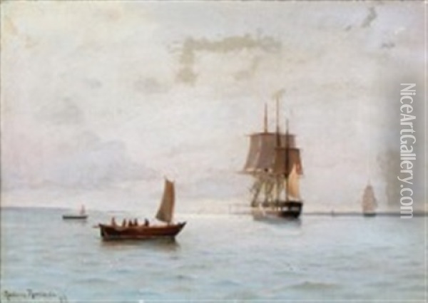 A Seascape With Two Frigates And Two Sailboats Oil Painting - Ludvig Otto Richarde