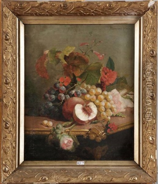 Nature Morte Aux Fleurs Et Aux Fruits Sur Un Entablement Oil Painting - Auguste Bonnefoi