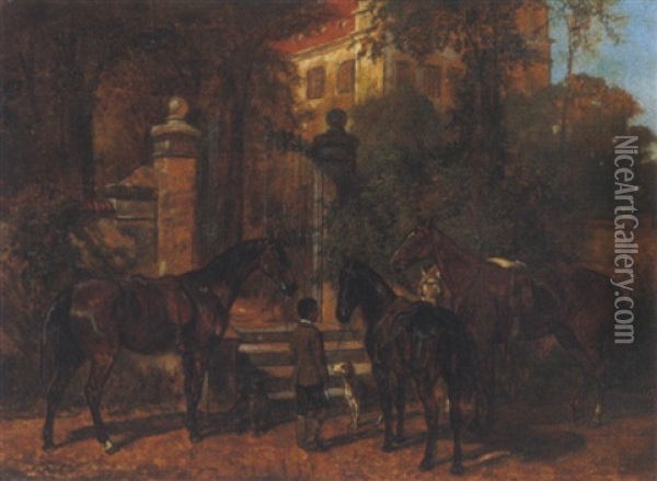 Wartende Pferde Vor Einem Schlostor Oil Painting - Franz Quaglio