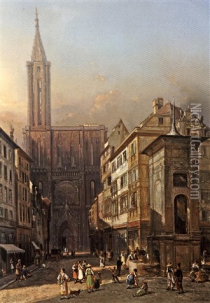 La Place De La Cathedrale A Strasbourg Oil Painting - Louis Desire Thienon