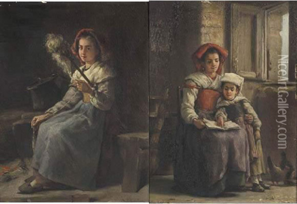 La Fileuse Et La Lecture Oil Painting - Charles Baptiste Schreiber