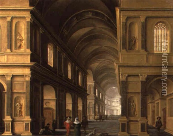 Das Innere Eines Renaissancepalastes Mit Eleganten Figuren Und Bettlern Oil Painting - Bartholomeus Van Bassen