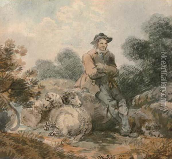 A Shepherd And His Flock Oil Painting - John Harding