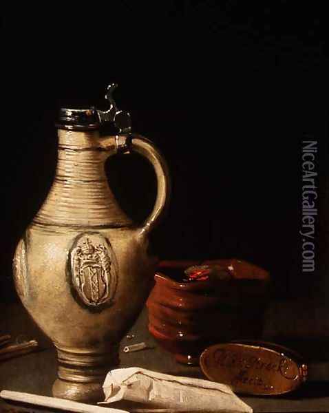 Still life with an Amsterdam earthenware ewer, bowl of charcoal and tobacco pouch Oil Painting - Hendrick van Streeck