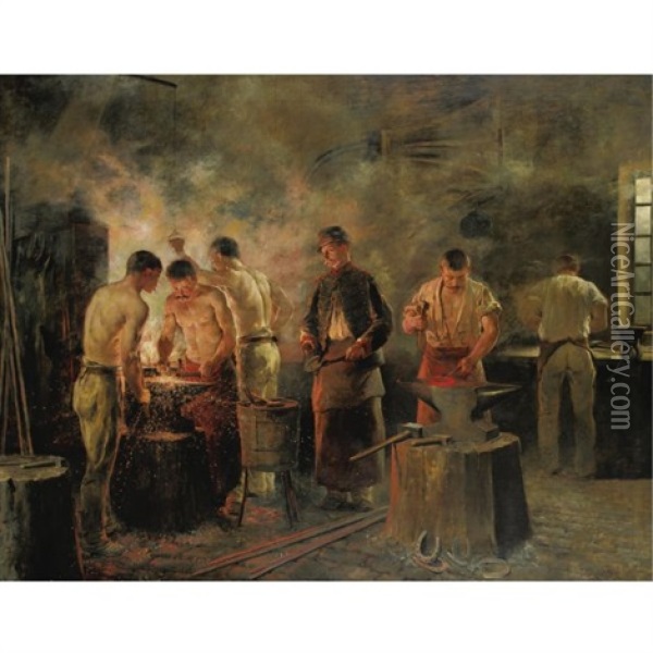 In The Military Forge Oil Painting - Jules Elie Delaunay