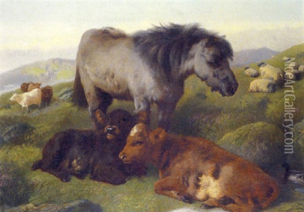 Cattle, Sheep And Pony Resting In A Landscape Oil Painting - George William Horlor