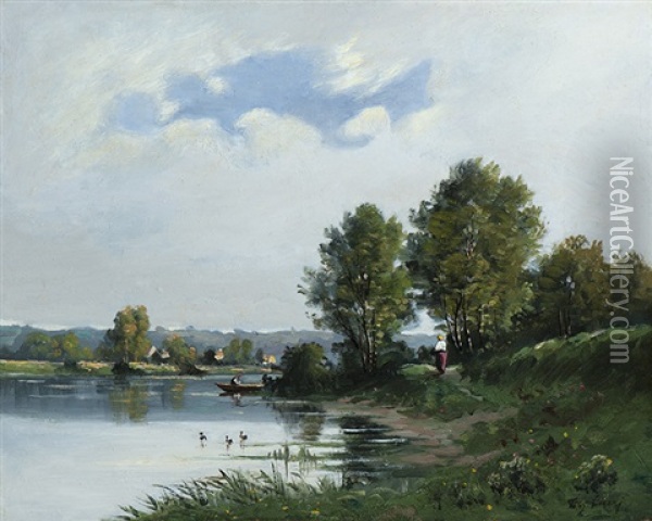 River Landscape Oil Painting - Eugene Ciceri