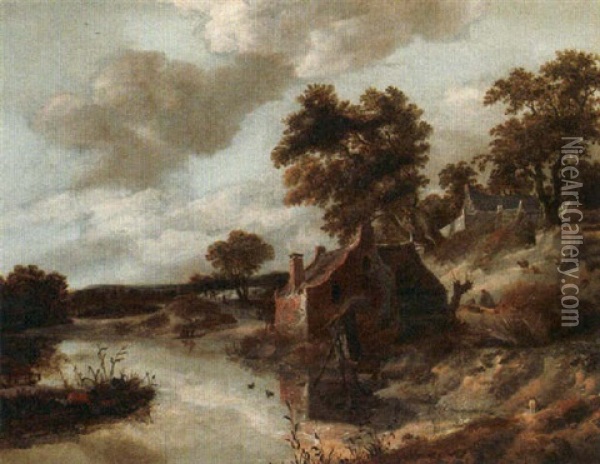A River Landscape With Anglers Near A Cottage Oil Painting - Cornelis Gerritsz Decker