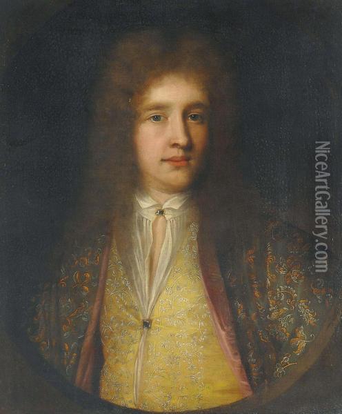 Portrait Of A Gentleman, Bust-length, In A Green Coat And Yellow Waistcoat, Both With Floral Embroidery, In A Feigned Oval Oil Painting - William Gandy