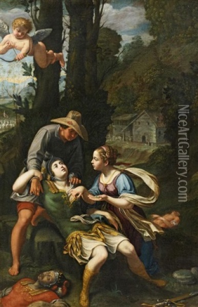 Erminia Findet Den Verletzten Tancred Oil Painting - Nicolas Mignard