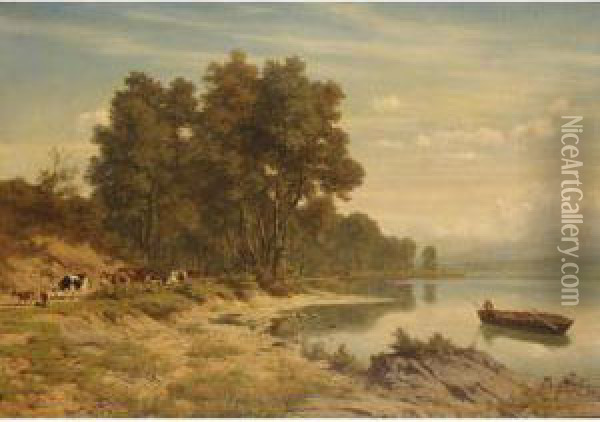 Cattle On Lakeside Path Oil Painting - Robert Zund