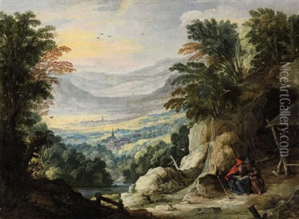 A Mountainous Landscape With Two Hermits Oil Painting - Joos de Momper the Younger
